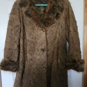 Arte Pelle Brown Real Fur-Trim Trench Coat for Women